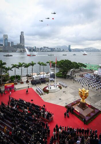 The Hong Kong Special Administrative Region is celebrating the 27th Anniversary of its Establishment Day today (Jul 1). A highlight event marking the occasion was a flag raising ceremony at Golden Bauhinia Square this morning, followed by a fly-past and sea parade with Victoria Harbour providing a spectacular backdrop for the events.  今日(7月1日)是香港回歸祖國27周年的大日子，灣仔金紫荊廣場早上舉行升旗儀式，掛上國旗及區旗的飛行服務隊直升機在空中飛過，消防輪和水警輪在維多利亞港射水敬禮。  #hongkong #brandhongkong #asiasworldcity #hksar27 #27thanniversary #FlagRaisingCeremony #香港 #香港品牌 #亞洲國際都會 #香港特區27周年 #慶賀回歸27周年 #升旗禮